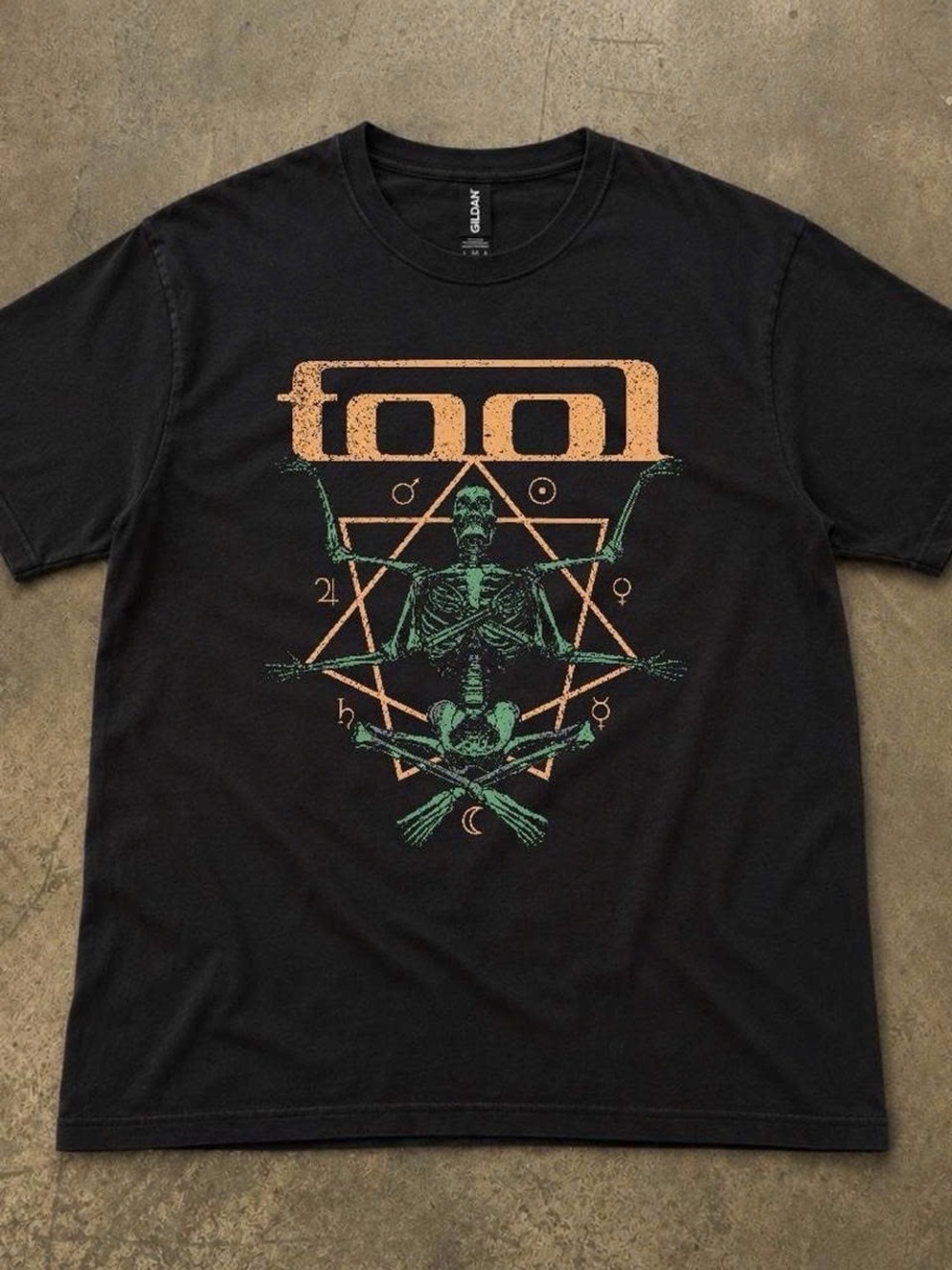 Gildan Black Graphic Tee with Orange Logo and Green Skeleton